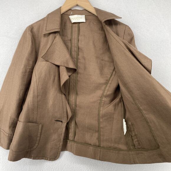 VALENTINO Blazer Womens 44 8 Linen Basketweave Ruffled One Button Brown Italy - Picture 7 of 14